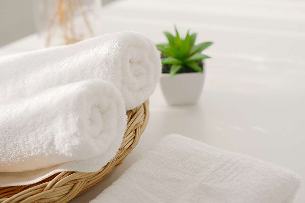 Rolled white towels in a basket, with a small plant, in a senior living community.